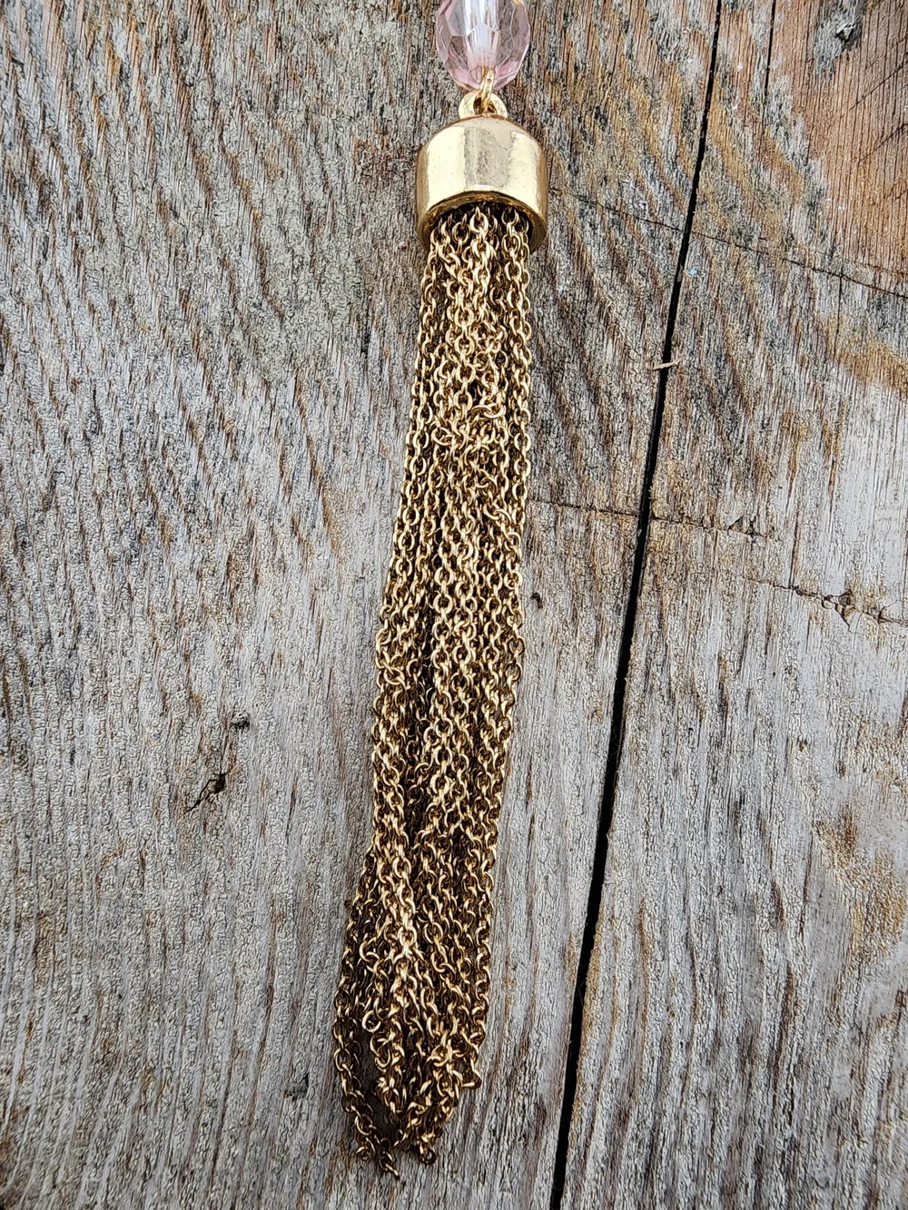 Gold Tone Tassel Bag Charm Keychain with Pink Bead Accent